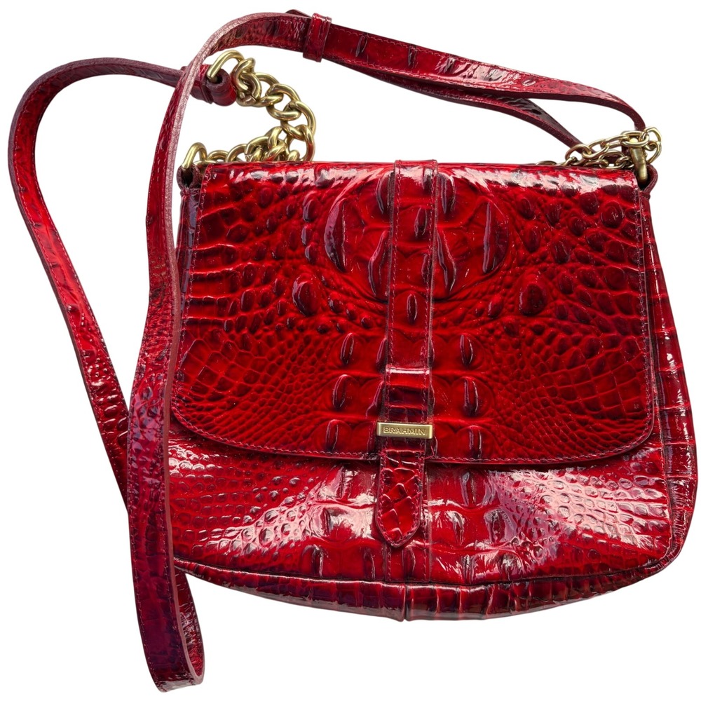 Vtg BRAHMIN Red Croc Embossed Leather Crossbody Bag Magnetic Satchel Gold Charm